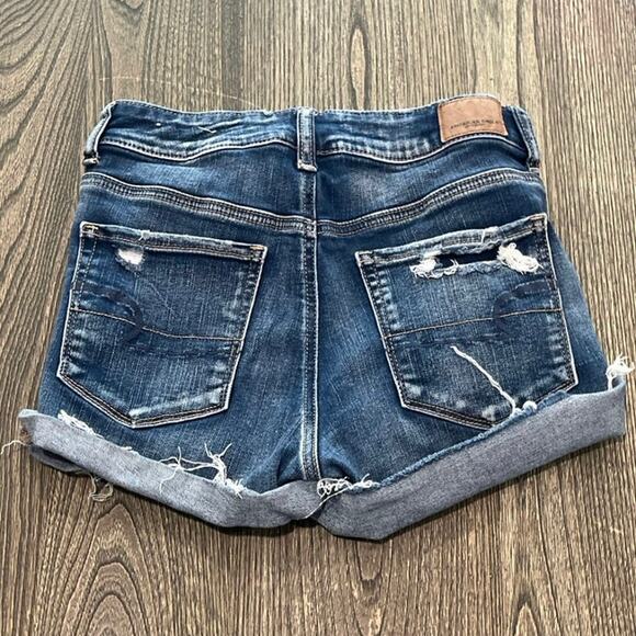 American Eagle Hi-Rise Shortie Shorts Distressed Denim Dark Wash Blue Size 4 - Picture 8 of 8